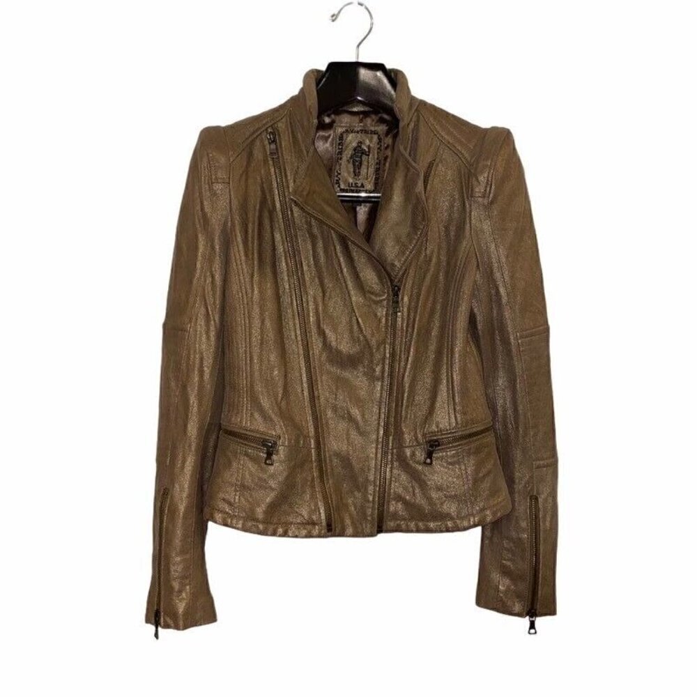 My Tribe Women's Leather Moto Bomber Jacket Brown Bronze Zip Pocket Small